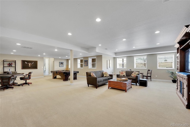 living area featuring light carpet, baseboards, recessed lighting, and billiards