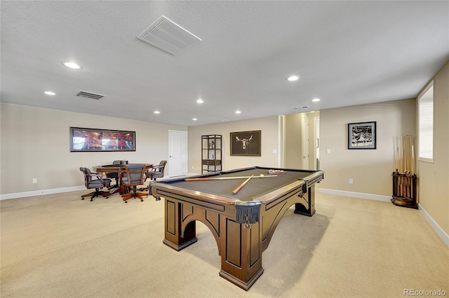 game room with light carpet, recessed lighting, baseboards, and billiards table