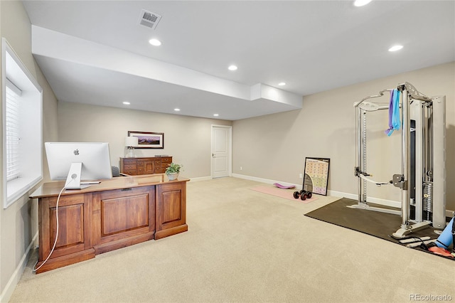 27615 E Moraine Dr, Aurora, CO 80016 - home office with light carpet, recessed lighting, and baseboards