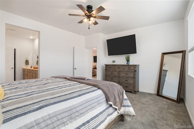 23936 E River Front Dr, Aurora, CO 80019 - bedroom featuring light colored carpet, ensuite bath, and a ceiling fan