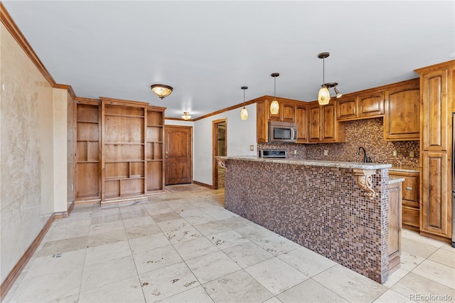 1196 N Grant St Unit 106, Denver, CO 80203 - kitchen with stainless steel microwave, light stone countertops, decorative backsplash, ornamental molding, and brown cabinetry