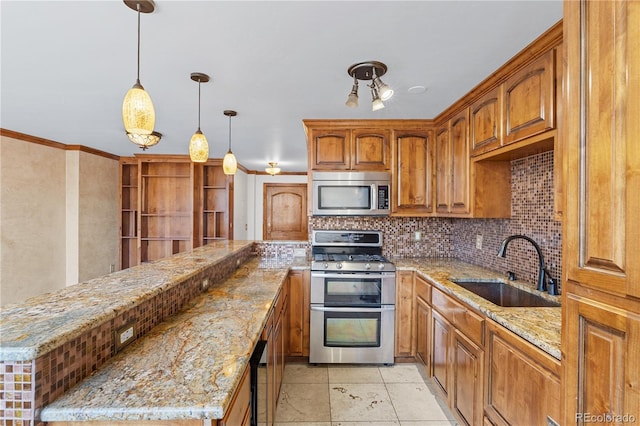 1196 N Grant St Unit 106, Denver, CO 80203 - kitchen with appliances with stainless steel finishes, backsplash, brown cabinets, and ornamental molding