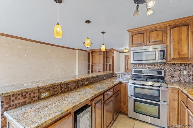 1196 N Grant St Unit 106, Denver, CO 80203 - kitchen featuring stainless steel appliances, wine cooler, backsplash, brown cabinets, and pendant lighting