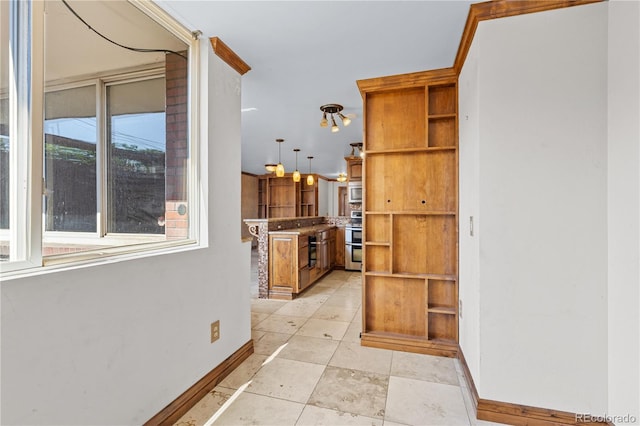 1196 N Grant St Unit 106, Denver, CO 80203 - kitchen featuring stainless steel appliances, brown cabinets, decorative light fixtures, open shelves, and light tile patterned floors