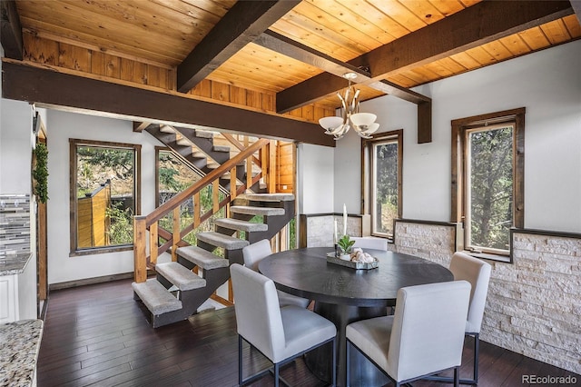 4477 Independence Trl, Evergreen, CO 80439 - dining room with a wood ceiling with exposed beams, a chandelier, stairway, and dark wood-style flooring