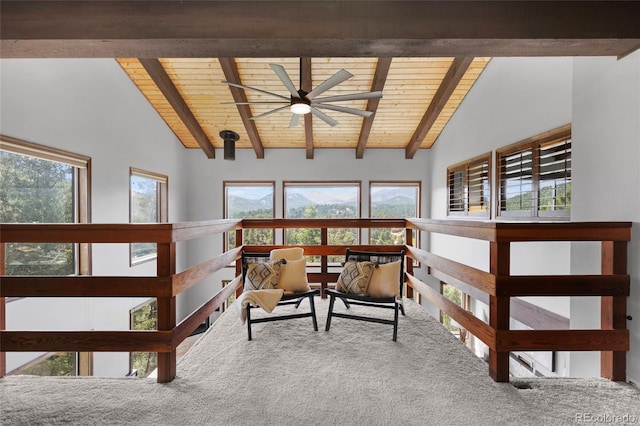 4477 Independence Trl, Evergreen, CO 80439 - carpeted living room featuring wooden ceiling and a ceiling fan