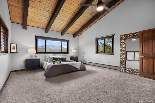 4477 Independence Trl, Evergreen, CO 80439 - carpeted bedroom featuring baseboard heating, a wooden ceiling with exposed beams, and high vaulted ceiling
