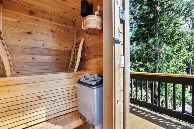 4477 Independence Trl, Evergreen, CO 80439 - relaxing sauna / steam room featuring wood walls and hardwood / wood-style flooring