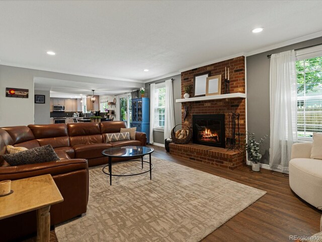 7554 S Ogden Way, Centennial, CO 80122 - living room with wood finished floors, crown molding, healthy amount of natural light, a fireplace, and recessed lighting