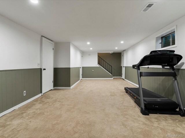 7554 S Ogden Way, Centennial, CO 80122 - exercise area with carpet floors, a wainscoted wall, and recessed lighting