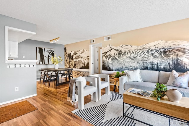 living room with a textured ceiling, rail lighting, and wood-type flooring