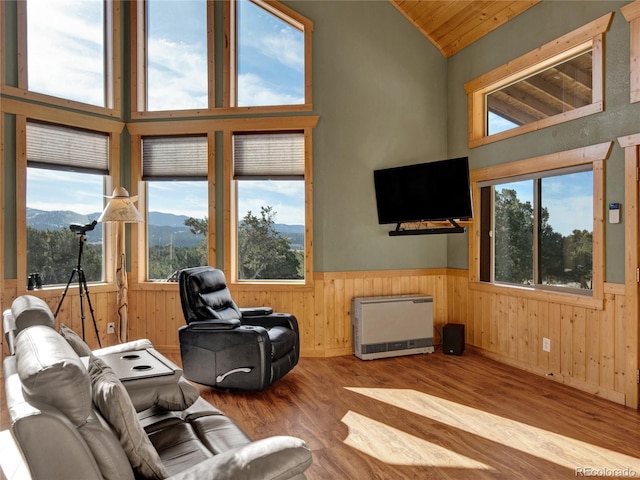 living room featuring hardwood / wood-style flooring, high vaulted ceiling, heating unit, a mountain view, and wood walls