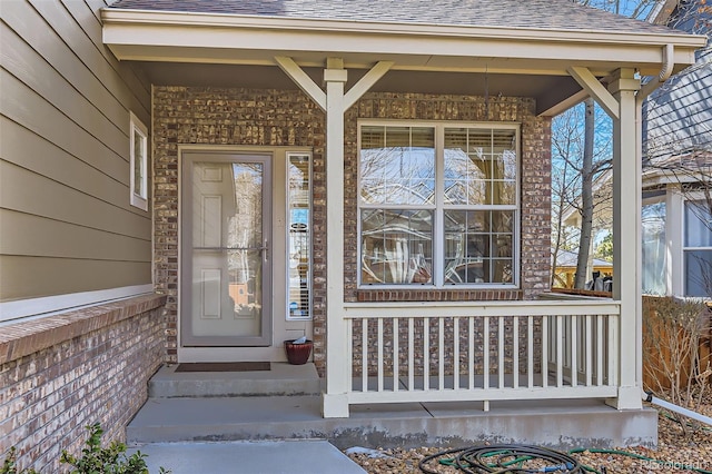 view of exterior entry with a shingled roof, a porch, and brick siding