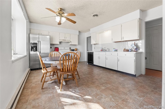 kitchen featuring a baseboard radiator, under cabinet range hood, white cabinets, stainless steel fridge with ice dispenser, and tasteful backsplash