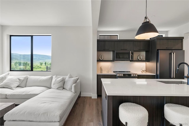 kitchen with a mountain view, sink, dark hardwood / wood-style floors, appliances with stainless steel finishes, and decorative light fixtures