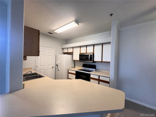 kitchen featuring a sink, black electric range, white fridge with ice dispenser, stainless steel microwave, and visible vents