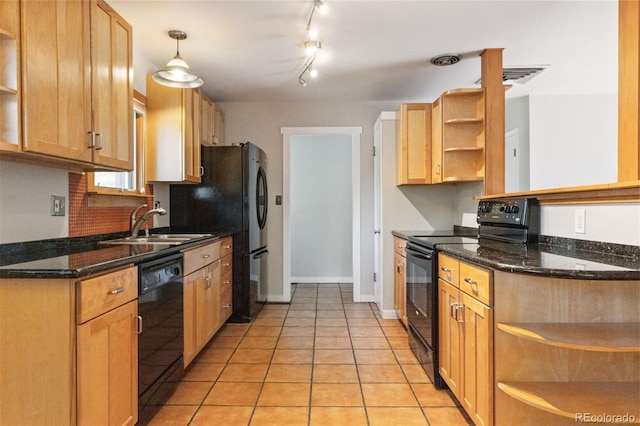 2901 Lorraine Ct, Boulder, CO 80304 - kitchen with open shelves, black appliances, a sink, light tile patterned floors, and dark stone countertops