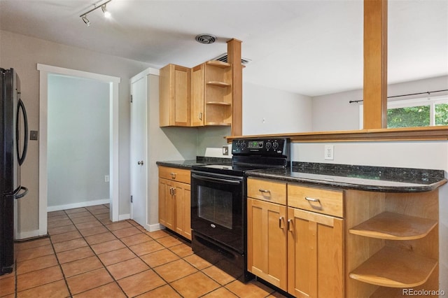 2901 Lorraine Ct, Boulder, CO 80304 - kitchen with open shelves, black range with electric stovetop, refrigerator, light tile patterned flooring, and a peninsula