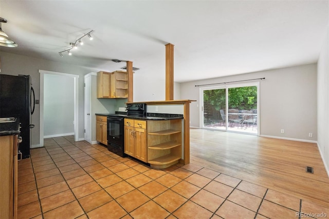 2901 Lorraine Ct, Boulder, CO 80304 - kitchen with open shelves, black appliances, dark countertops, and open floor plan