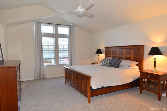 bedroom featuring light colored carpet, ceiling fan, and lofted ceiling