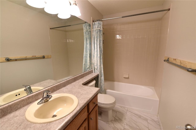 full bathroom featuring shower / bath combination with curtain, toilet, and vanity