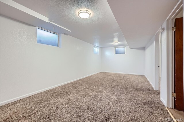 basement featuring light carpet and a textured ceiling