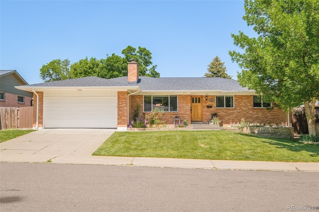 3025 S Norman Ct, Denver, CO 80224 - ranch-style home with a garage, driveway, a chimney, and brick siding