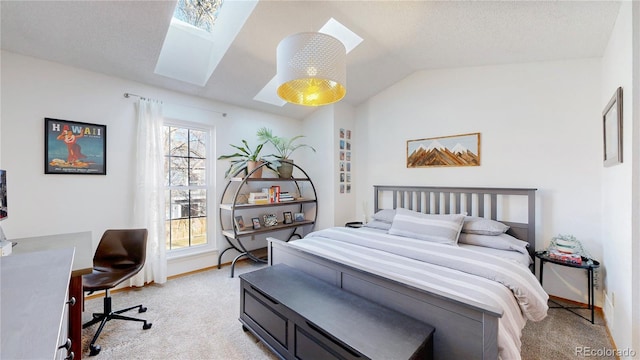 carpeted bedroom with lofted ceiling with skylight and a textured ceiling