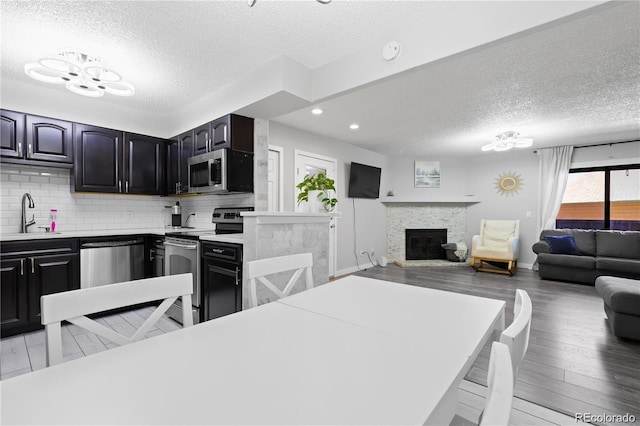 kitchen with tasteful backsplash, appliances with stainless steel finishes, open floor plan, and light countertops