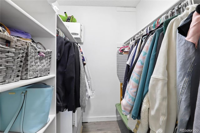 walk in closet with wood finished floors