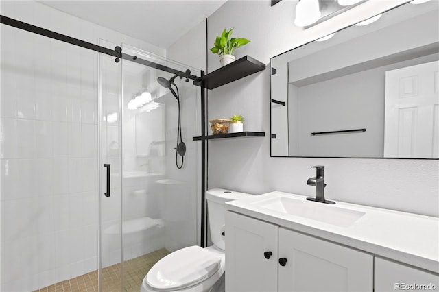 full bathroom featuring vanity, toilet, and a stall shower