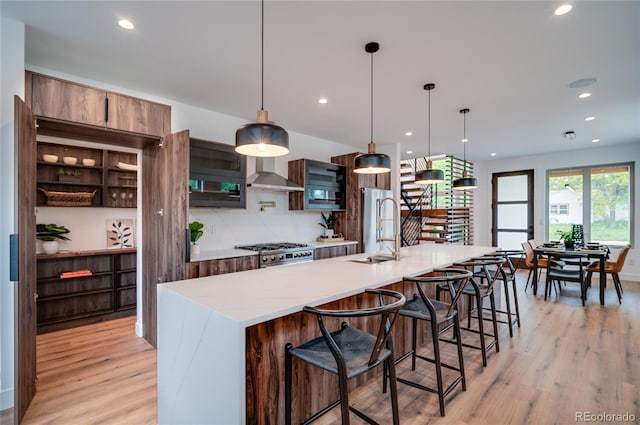 4476 Utica St, Denver, CO 80212 - kitchen featuring a sink, wall chimney range hood, stainless steel appliances, light wood finished floors, and recessed lighting