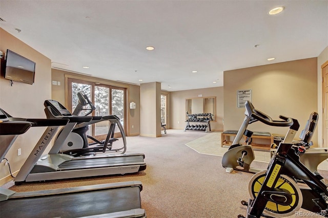 workout area with recessed lighting, baseboards, and carpet floors