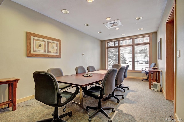 office with recessed lighting, visible vents, light colored carpet, and baseboards