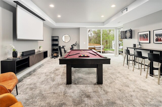 rec room featuring recessed lighting, a raised ceiling, carpet, and pool table