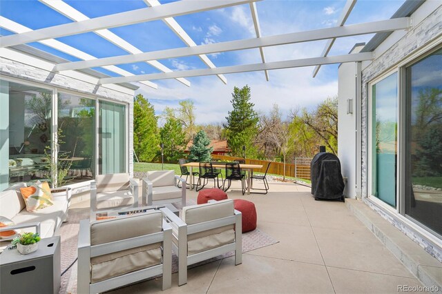 view of patio / terrace with a pergola, outdoor dining area, and outdoor lounge area
