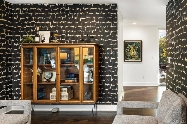 wine room with baseboards and wood finished floors