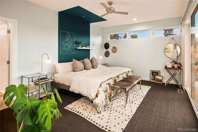bedroom with carpet flooring, recessed lighting, and ceiling fan