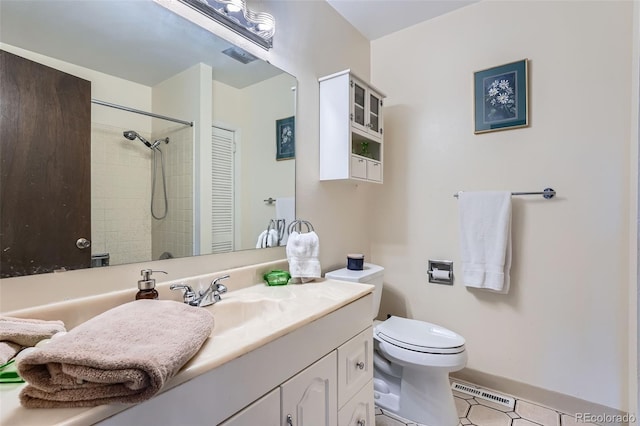 bathroom with visible vents, a shower, vanity, baseboards, and toilet