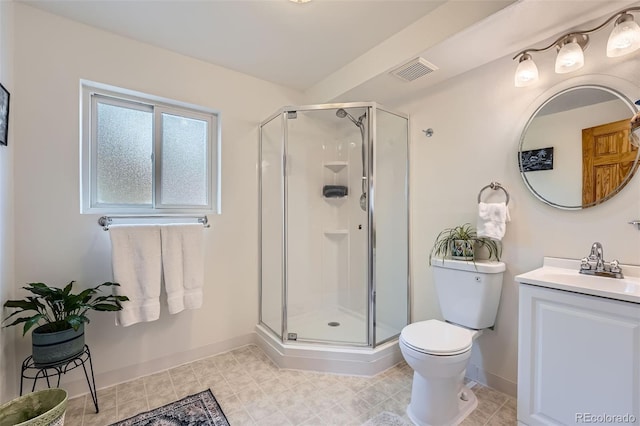 bathroom featuring visible vents, vanity, toilet, baseboards, and a stall shower