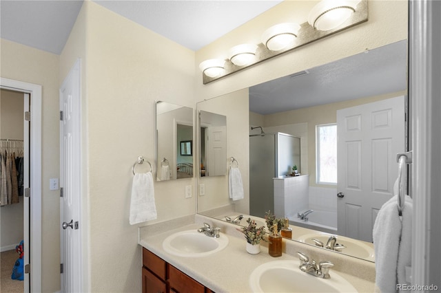 bathroom with vanity and independent shower and bath