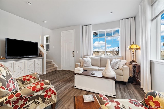 living area featuring a healthy amount of sunlight, baseboards, and wood finished floors