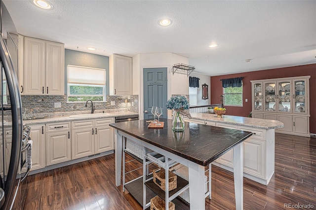 9075 Jill Dr, Conifer, CO 80433 - kitchen featuring a peninsula, dark wood-type flooring, decorative backsplash, appliances with stainless steel finishes, and recessed lighting