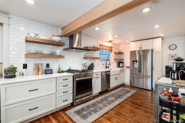 6361 S Spotswood Cir, Littleton, CO 80120 - kitchen featuring appliances with stainless steel finishes, open shelves, wall chimney range hood, decorative backsplash, and light countertops