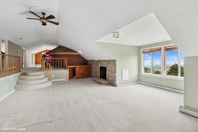 22081 Paradise Cir, Golden, CO 80401 - unfurnished living room featuring a baseboard radiator, lofted ceiling, carpet, and ceiling fan