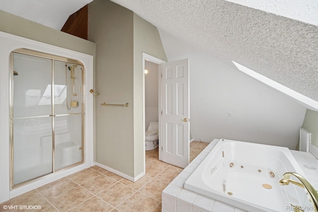 22081 Paradise Cir, Golden, CO 80401 - full bath with vaulted ceiling, a shower stall, toilet, tile patterned flooring, and a tub with jets