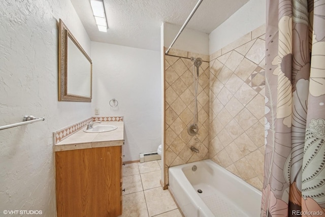 22081 Paradise Cir, Golden, CO 80401 - full bath featuring a baseboard heating unit, tile patterned flooring, shower / bath combination with curtain, a textured ceiling, and vanity