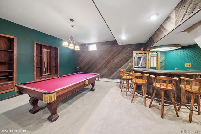 22081 Paradise Cir, Golden, CO 80401 - rec room with wood walls, a dry bar, carpet floors, billiards table, and a baseboard radiator