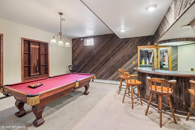 22081 Paradise Cir, Golden, CO 80401 - rec room with wood walls, a bar, carpet, and billiards