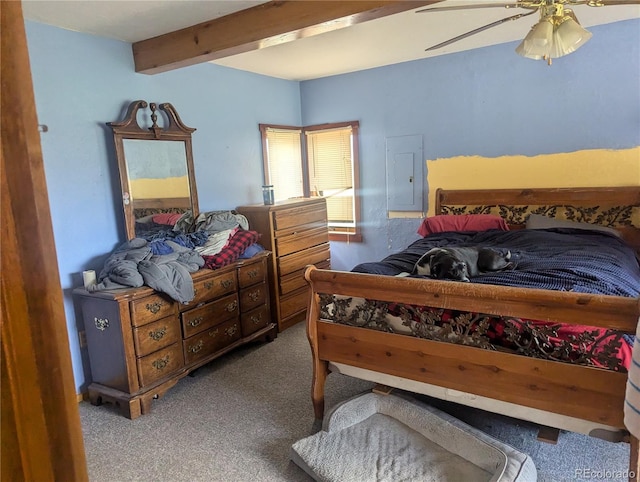 bedroom featuring carpet flooring, electric panel, ceiling fan, and beamed ceiling